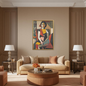 Framed Cubist portrait of a seated woman featuring geometric shapes in ochre and crimson, displayed in a luxury modern living room with beige decor.