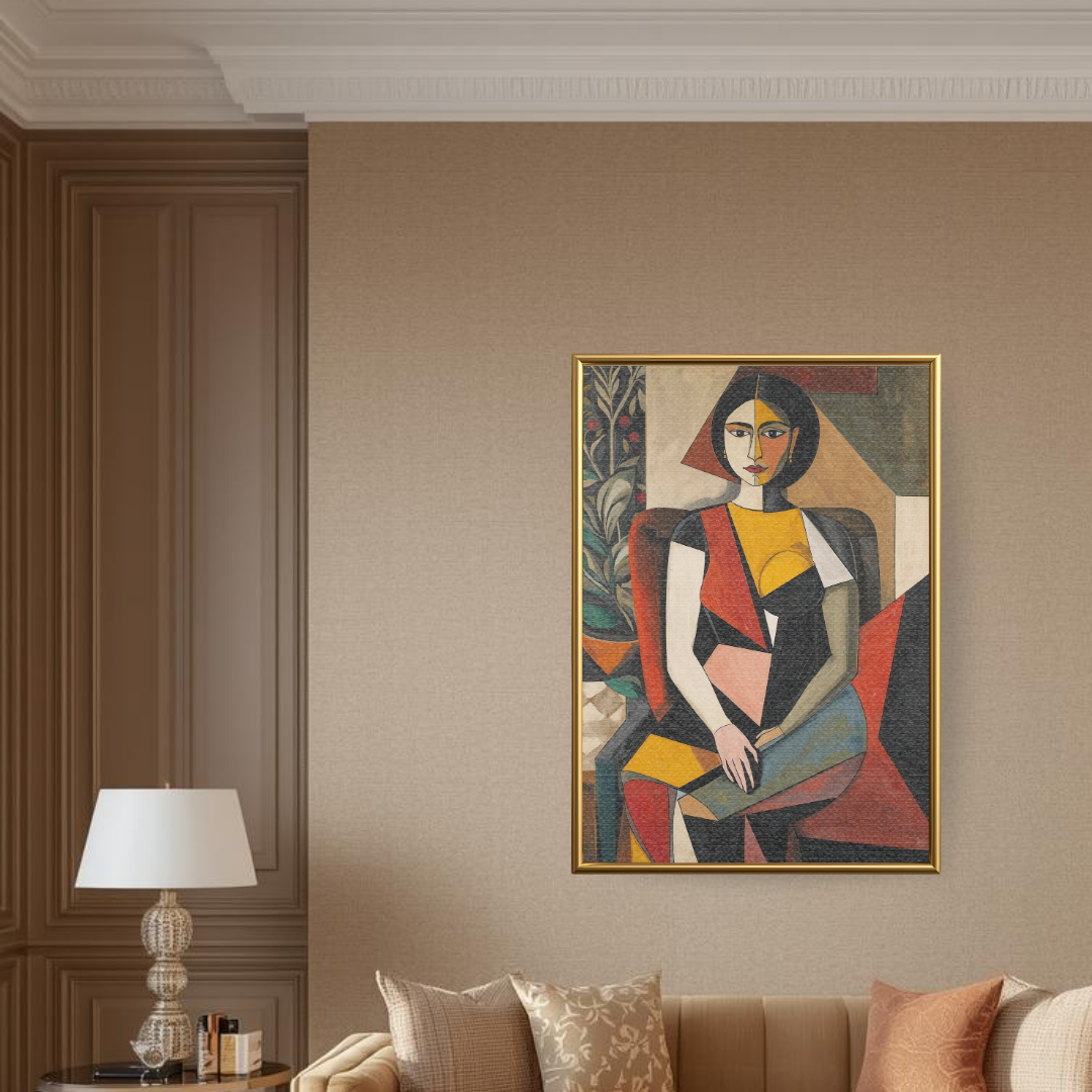 Framed Cubist portrait of a seated woman featuring geometric shapes in ochre and crimson, displayed in a luxury modern living room with beige decor.