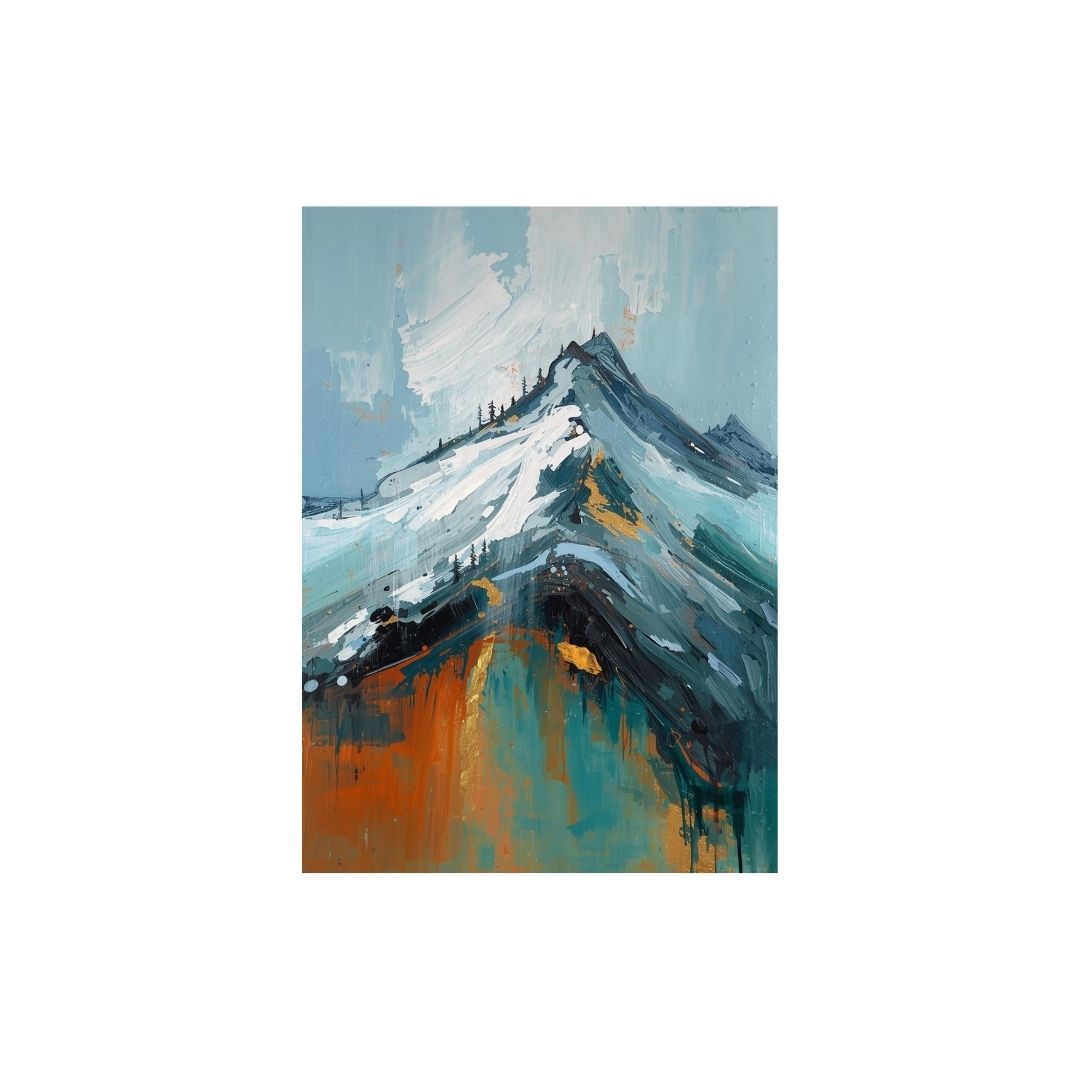 An abstract impasto painting of a rugged, snow-capped mountain peak. The artwork uses thick, textured strokes of slate blue and grey for the slopes, contrasted with a striking splash of vivid orange and teal at the base, creating a sense of dramatic light.