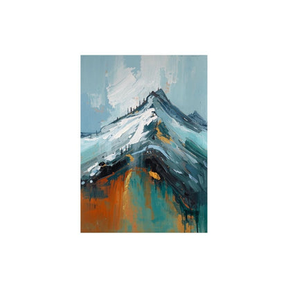 An abstract impasto painting of a rugged, snow-capped mountain peak. The artwork uses thick, textured strokes of slate blue and grey for the slopes, contrasted with a striking splash of vivid orange and teal at the base, creating a sense of dramatic light.