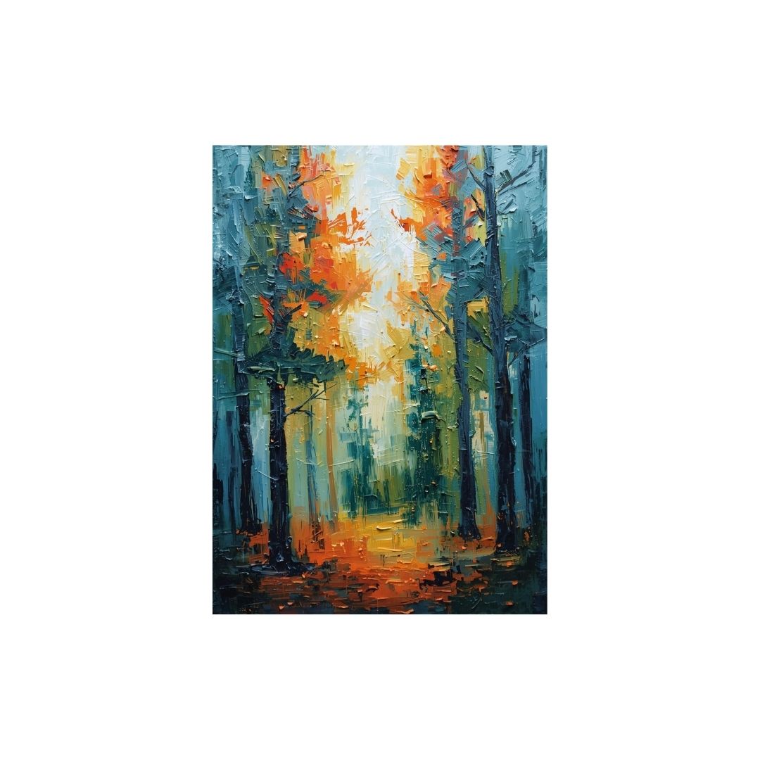 A modern impressionist painting of a forest interior. Tall, dark vertical tree trunks are framed by vibrant, thick applications of yellow and orange paint that mimic sunlight filtering through autumn leaves against a cool blue background.