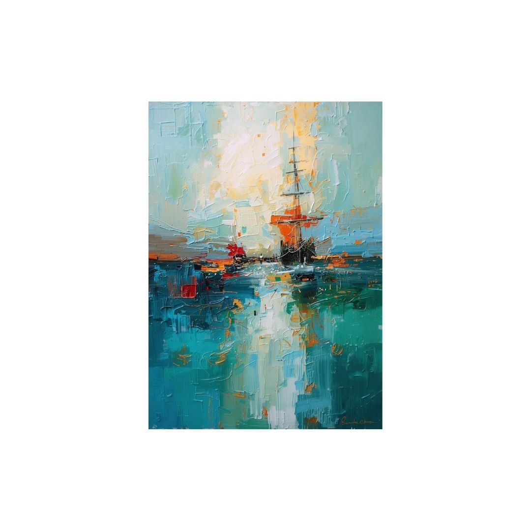 An abstract palette-knife painting of a sailing vessel on the water. The piece features a deep teal and turquoise sea with heavy texture, a bright white and yellow sky, and small accents of red and orange representing a boat reflecting in the waves.