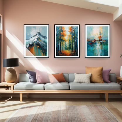 Three framed abstract nature paintings hanging on a soft pink wall above a light grey sofa. The triptych features textured, impasto-style brushstrokes depicting a blue mountain peak, an autumn forest with sunlight, and a sailboat at sea. The couch is adorned with throw pillows in purple, pink, rust, cream, and mustard yellow that coordinate with the artwork's color palette.