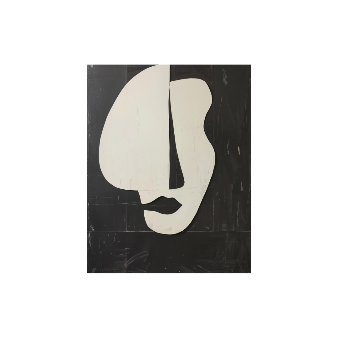 Black and white abstract face wall art displayed in a modern living room, featuring minimalist shapes and a contemporary design.