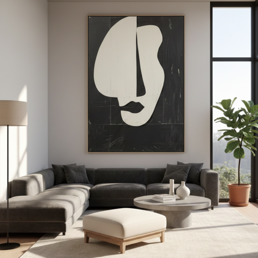 Black and white abstract face wall art displayed in a modern living room, featuring minimalist shapes and a contemporary design in a modern living room.