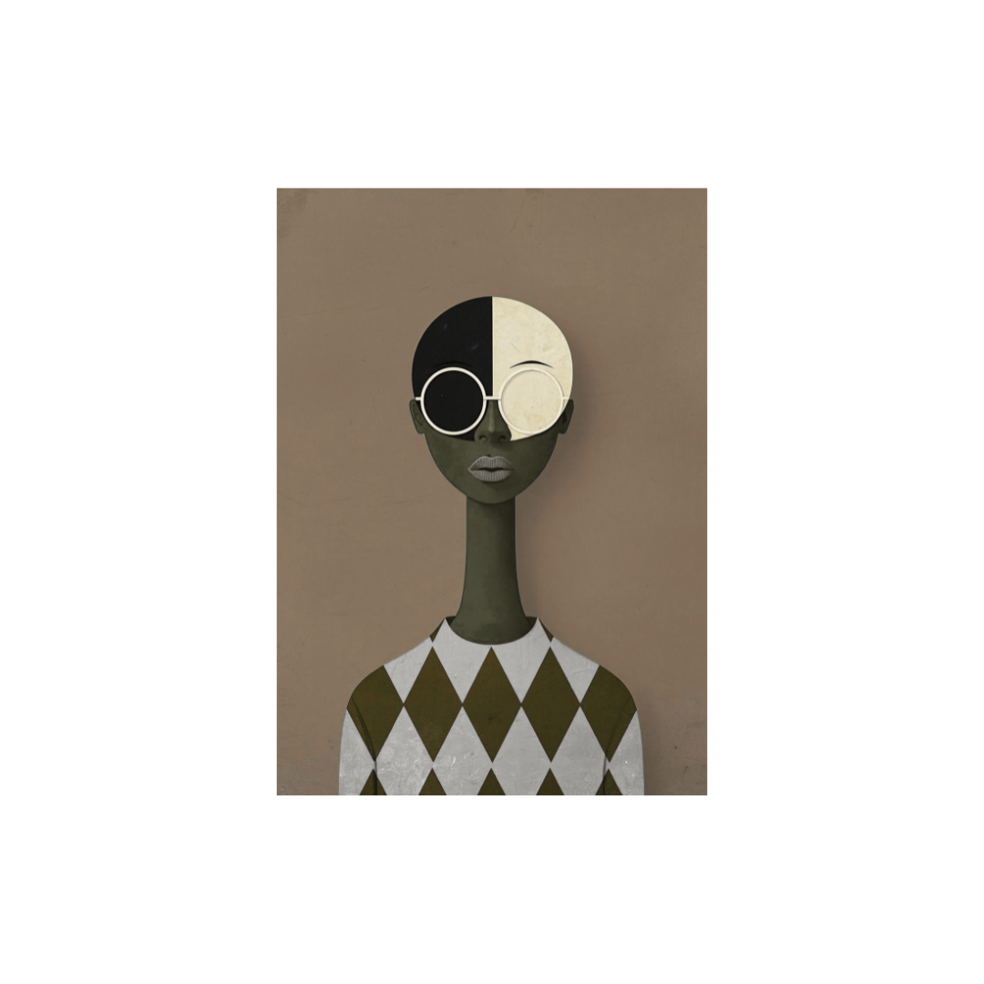 Modern surrealist pop art tableau of an avant-garde figure with an elongated neck, split-toned head, and large round glasses. The character wears a diamond-patterned olive green and cream shirt against a tan background.