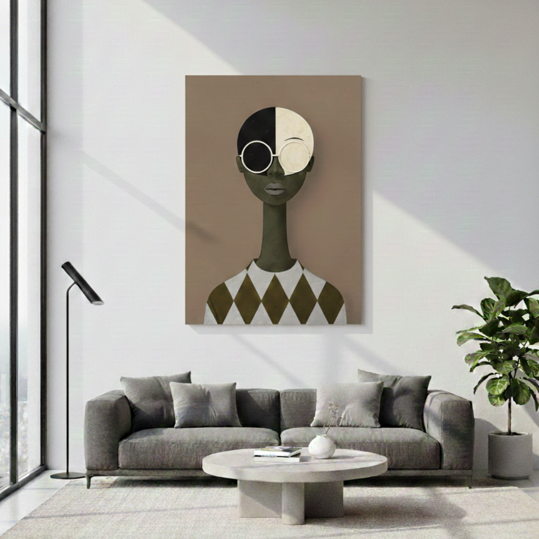 Modern surrealist pop art tableau of an avant-garde figure with an elongated neck, split-toned head, and large round glasses. The character wears a diamond-patterned olive green and cream shirt against a tan background, displayed in a contemporary living room with a grey sofa and marble coffee table.