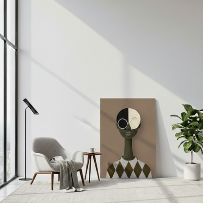 Modern surrealist pop art tableau of an avant-garde figure with an elongated neck, split-toned head, and large round glasses. The character wears a diamond-patterned olive green and cream shirt against a tan background, displayed in a minimalist living room on the ground against the wall.