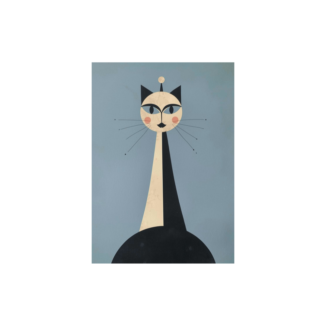 Mid-century modern cat art print featuring a tall, symmetrical black and cream feline with long whiskers on a blue background. 