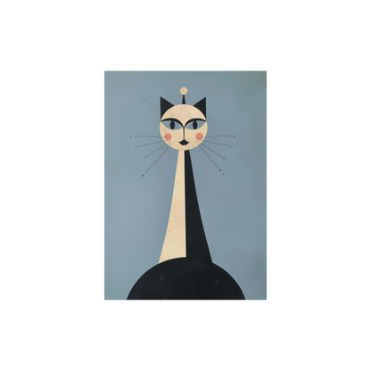 Mid-century modern cat art print featuring a tall, symmetrical black and cream feline with long whiskers on a blue background. 