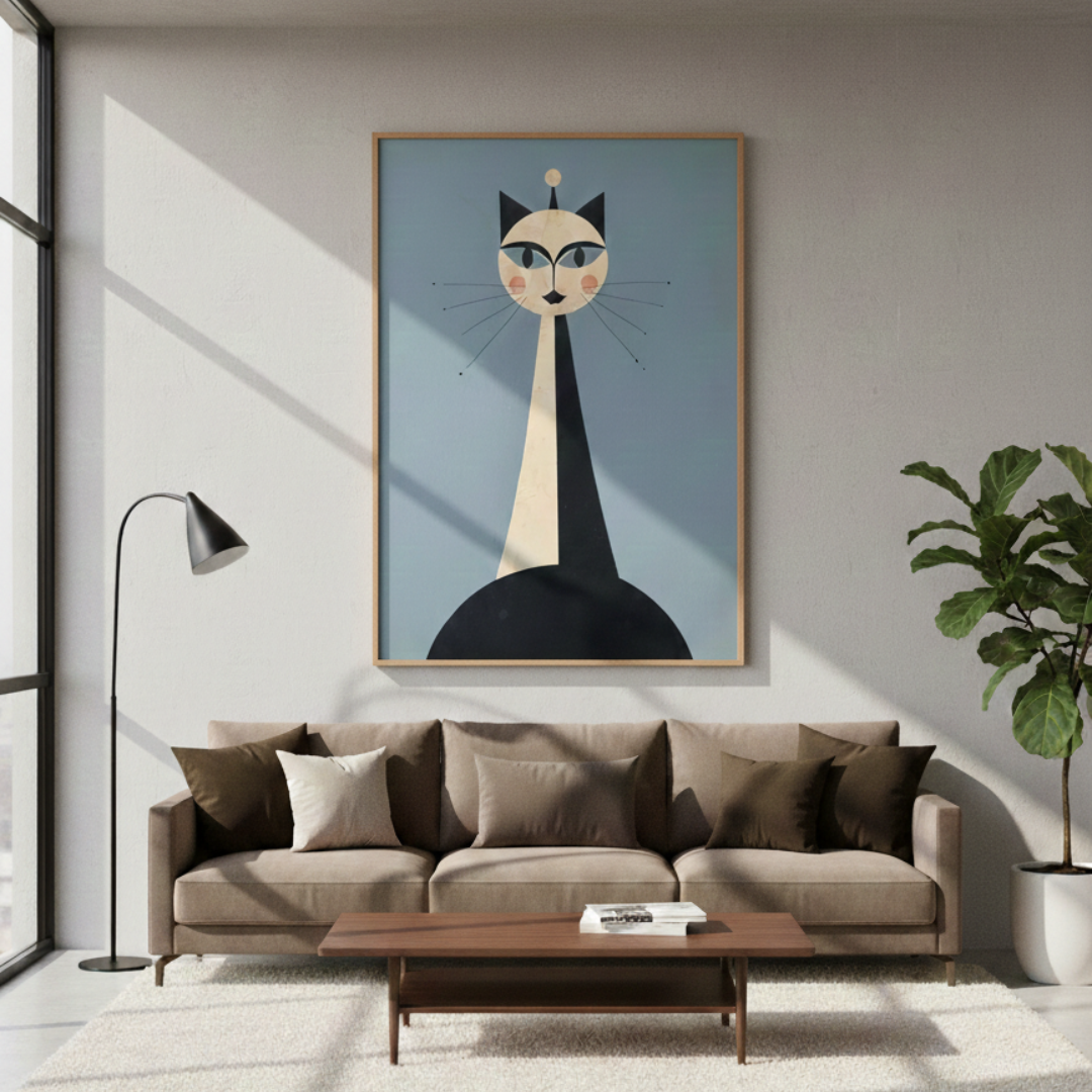 Mid-century modern cat art print featuring a tall, symmetrical black and cream feline with long whiskers on a blue background. The whimsical geometric tableau is framed in light wood and hanging in a contemporary living room above a brown sofa with neutral pillows and a large floor plant.