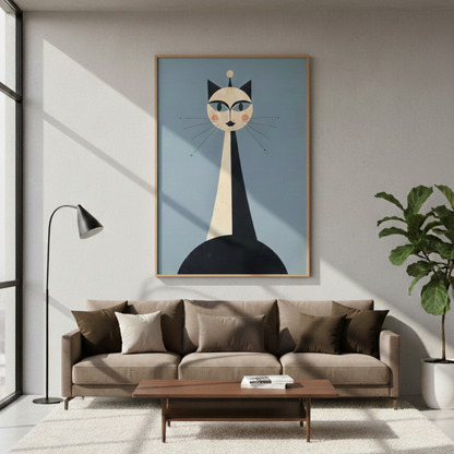 Mid-century modern cat art print featuring a tall, symmetrical black and cream feline with long whiskers on a blue background. The whimsical geometric tableau is framed in light wood and hanging in a contemporary living room above a brown sofa with neutral pillows and a large floor plant.