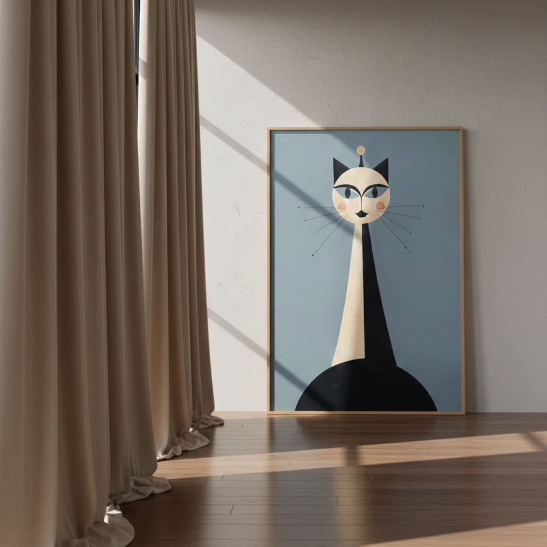 Mid-century modern cat art print featuring a tall, symmetrical black and cream feline with long whiskers on a blue background. The whimsical geometric tableau is framed in light wood and hanging in a contemporary living room above a brown sofa with neutral pillows and a large floor plant.