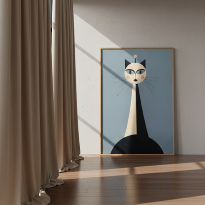 Mid-century modern cat art print featuring a tall, symmetrical black and cream feline with long whiskers on a blue background. The whimsical geometric tableau is framed in light wood and hanging in a contemporary living room above a brown sofa with neutral pillows and a large floor plant.