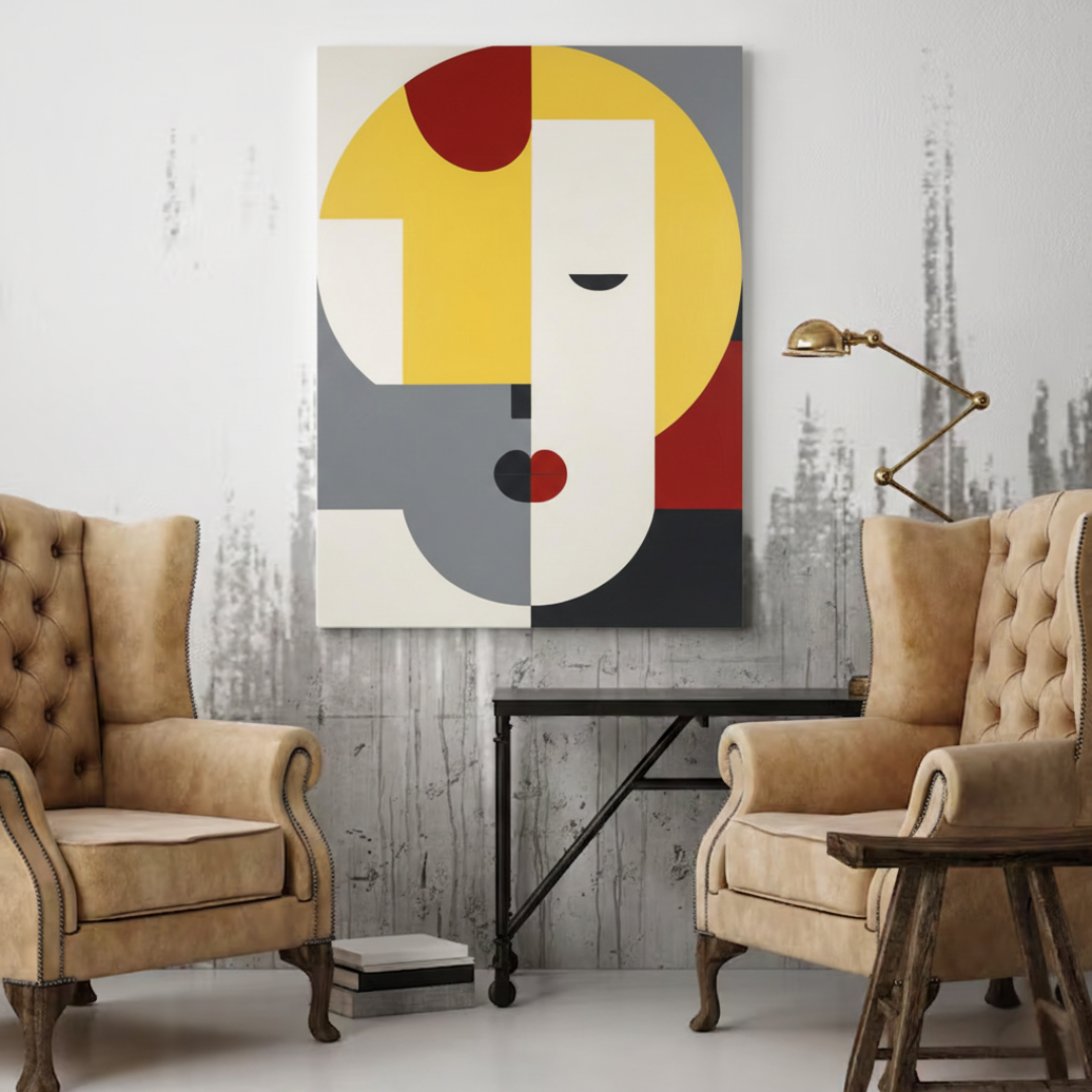 Modern Bauhaus-style abstract face tableau featuring yellow, red, and grey geometric shapes. The minimalist portrait includes a heart-shaped red lip and a single closed eye line, displayed on a textured white wall between two tan leather wingback chairs in a sophisticated Egyptian interior.