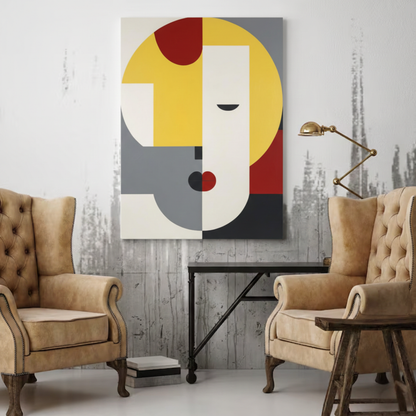 Modern Bauhaus-style abstract face tableau featuring yellow, red, and grey geometric shapes. The minimalist portrait includes a heart-shaped red lip and a single closed eye line, displayed on a textured white wall between two tan leather wingback chairs in a sophisticated Egyptian interior.