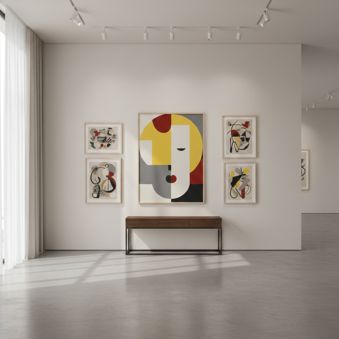 Modern Bauhaus-style abstract face tableau featuring yellow, red, and grey geometric shapes. The minimalist portrait includes a heart-shaped red lip and a single closed eye line, displayed on gallery exhibition wall between 4 un-identified wall arts.