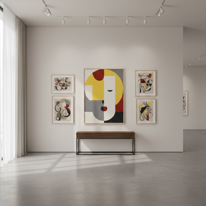 Modern Bauhaus-style abstract face tableau featuring yellow, red, and grey geometric shapes. The minimalist portrait includes a heart-shaped red lip and a single closed eye line, displayed on gallery exhibition wall between 4 un-identified wall arts.