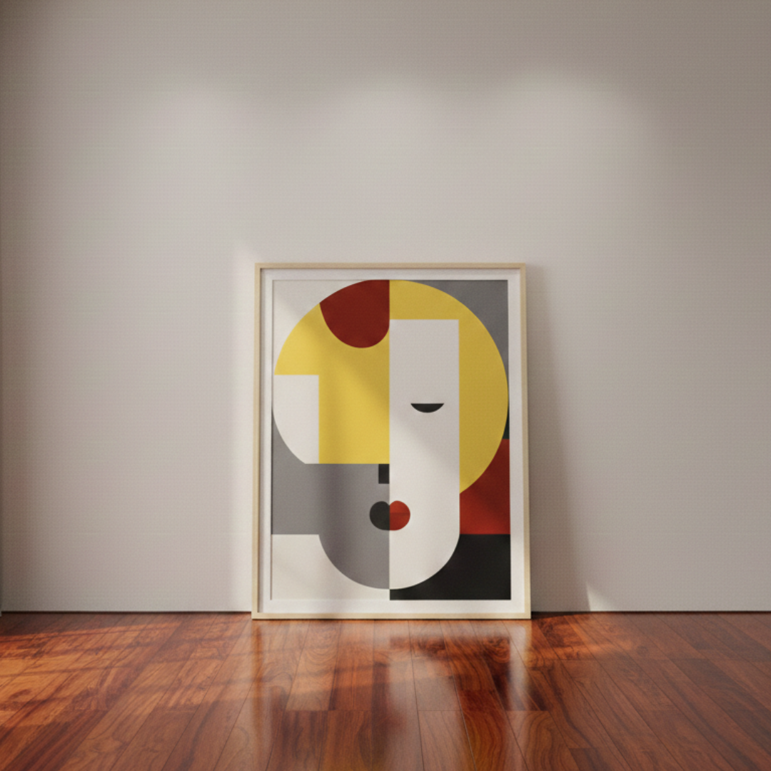 Modern Bauhaus-style abstract face framed tableau featuring yellow, red, and grey geometric shapes. The minimalist portrait includes a heart-shaped red lip and a single closed eye line, displayed on a wood floor against a creamy-color wall, perfect for Egyptian interior.