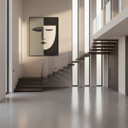 Modern minimalist cubist tableau of a geometric face in sage green, cream, and charcoal. This large-scale abstract portrait is framed in light wood and mounted in a creamy walls of interior villa stairs