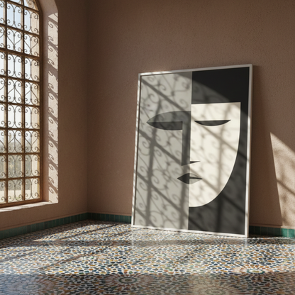 Modern minimalist cubist tableau of a geometric face in sage green, cream, and charcoal. This large-scale abstract portrait is framed in light wood and mounted on a mosaic floor of an Egyptian home.