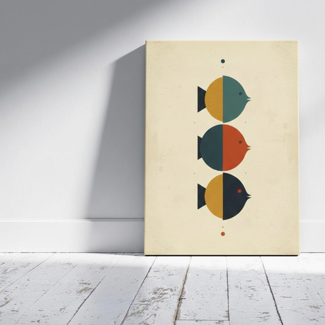 Mid-century modern geometric fish canvas art print with three stylized fish in yellow, teal, and terracotta on a cream background. This minimalist vertical tableau is displayed on a wood floor against a white wall, ideal for contemporary interior design.