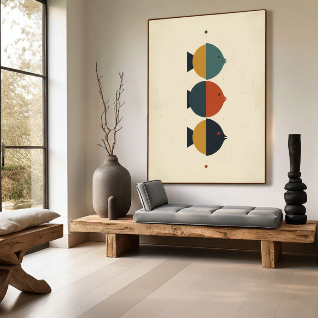 Framed canvas of a Mid-century modern geometric fish art with three stylized fish in yellow, teal, and terracotta on a cream background. This minimalist vertical tableau is displayed in a bright, modern room featuring a wooden bench and a grey daybed, ideal for contemporary Egyptian interior design.