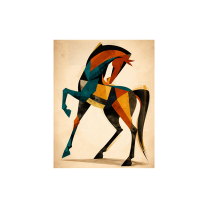 Large-scale modern cubist horse canvas in teal and orange on a cream background. 
