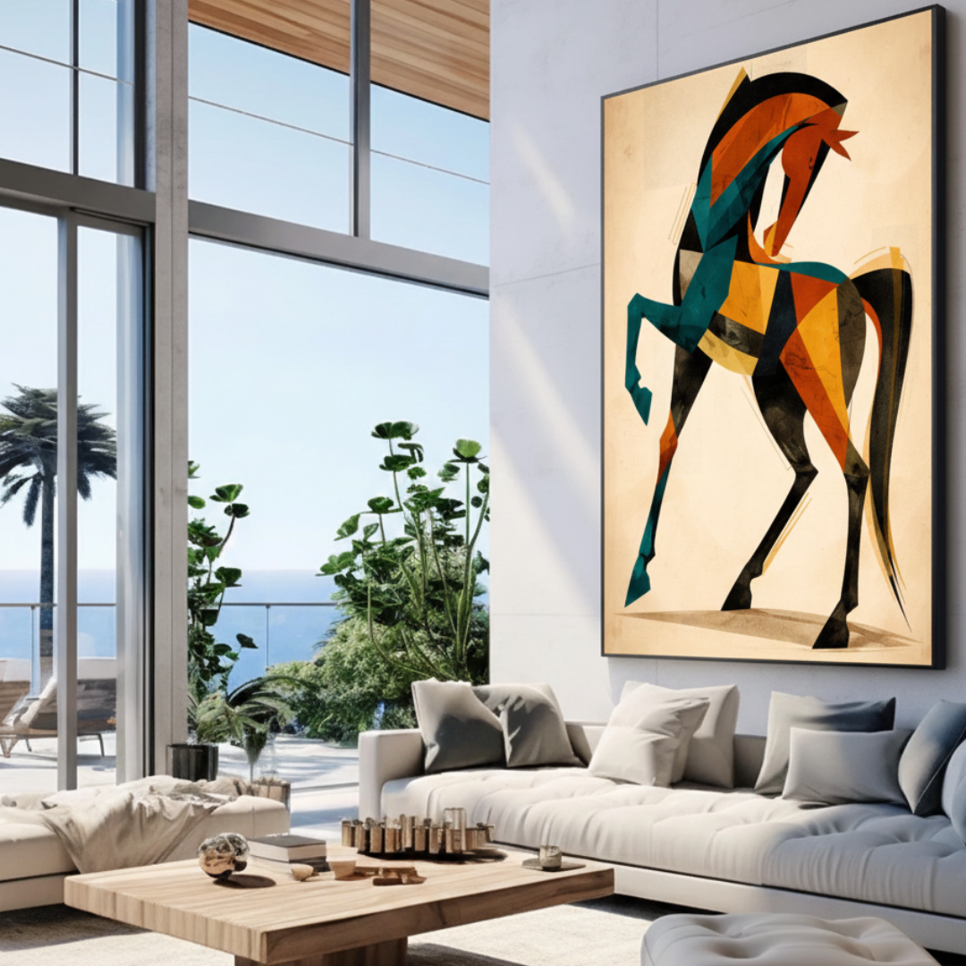 Large-scale modern cubist horse framed canvas in teal and orange on a cream background. This abstract equestrian tableau is featured in a luxury sunlit living room with floor-to-ceiling windows and white contemporary furniture, ideal for premium Egyptian interior decor.