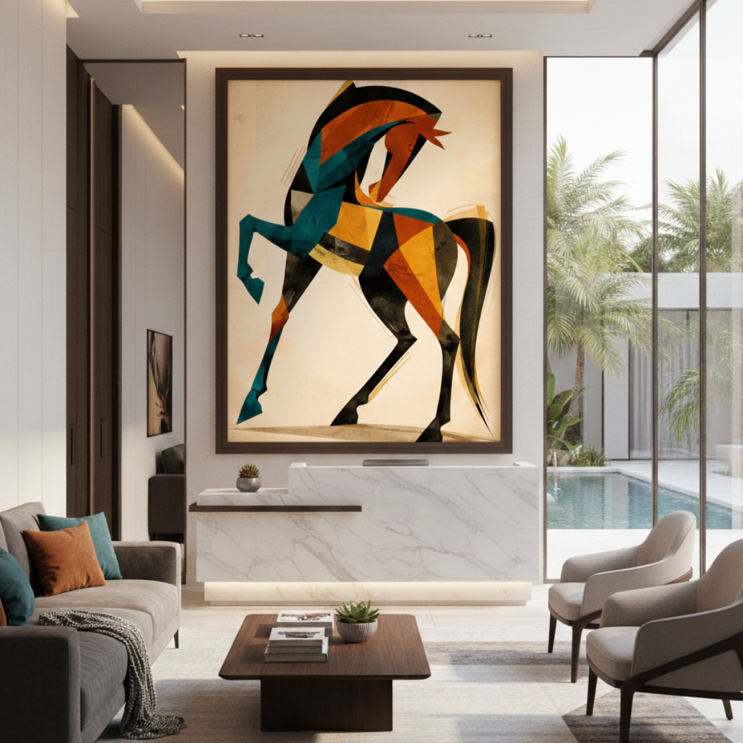 Large-scale modern cubist horse framed canvas in teal and orange on a cream background. This abstract equestrian tableau is featured in a luxury sunlit living room with floor-to-ceiling windows and beige contemporary furniture, ideal for premium Egyptian interior decor.