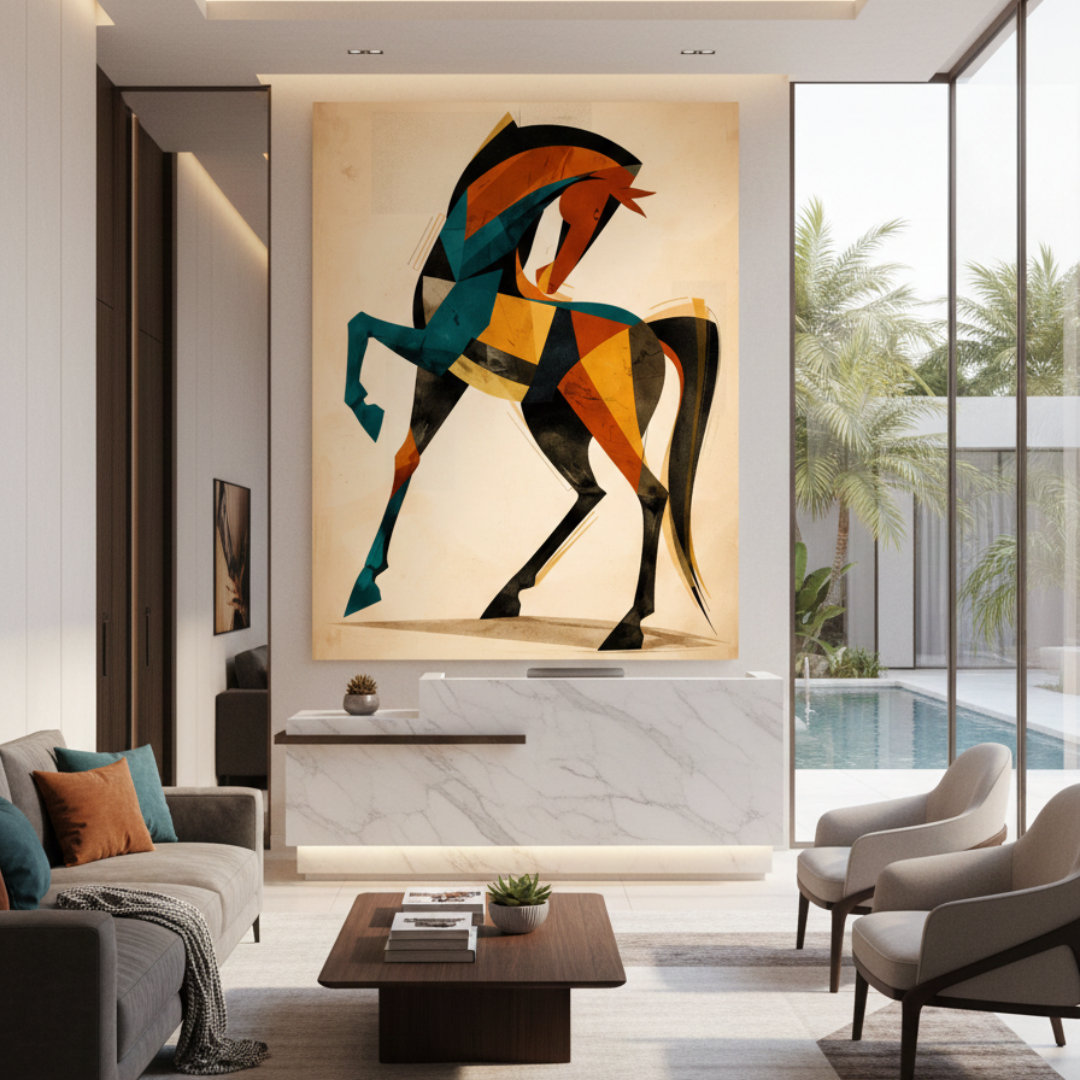 Large-scale modern cubist horse canvas in teal and orange on a cream background. This abstract equestrian tableau is featured in a luxury sunlit living room with floor-to-ceiling windows and white contemporary furniture, ideal for premium Egyptian interior decor.
