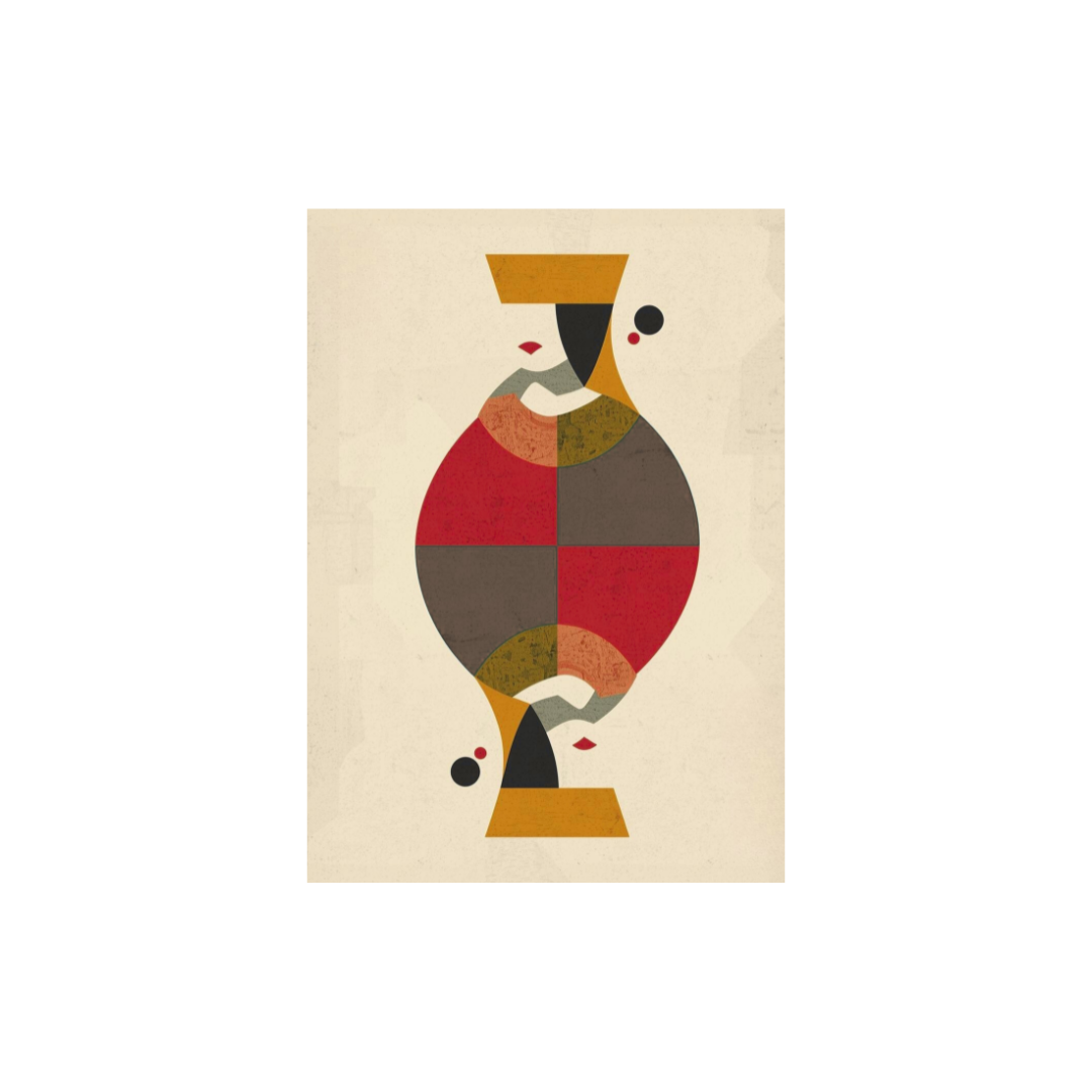 Abstract art print of a stylized figure with geometric shapes on a beige background
