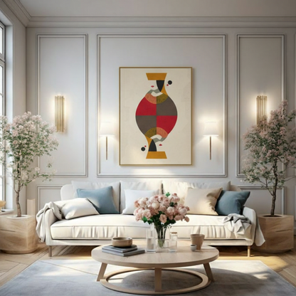 Symmetrical modern tableau featuring two mirrored geometric female faces in red, brown, and ochre on a cream background. The framed canvas art is mounted in a luxury white living room with elegant wall molding, a light sofa, and indoor trees.