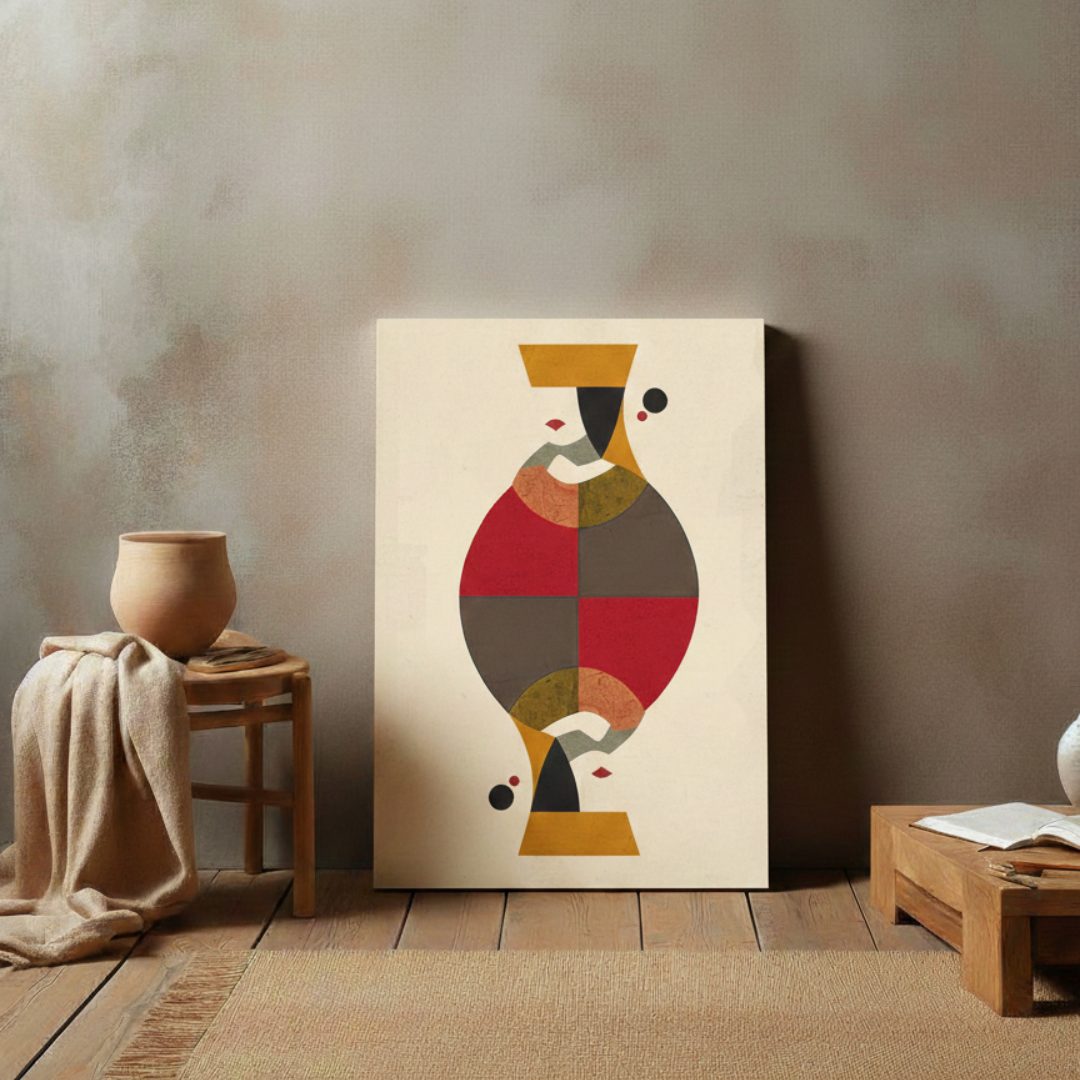 Abstract art piece on a wall in a room with wooden furniture and decor.