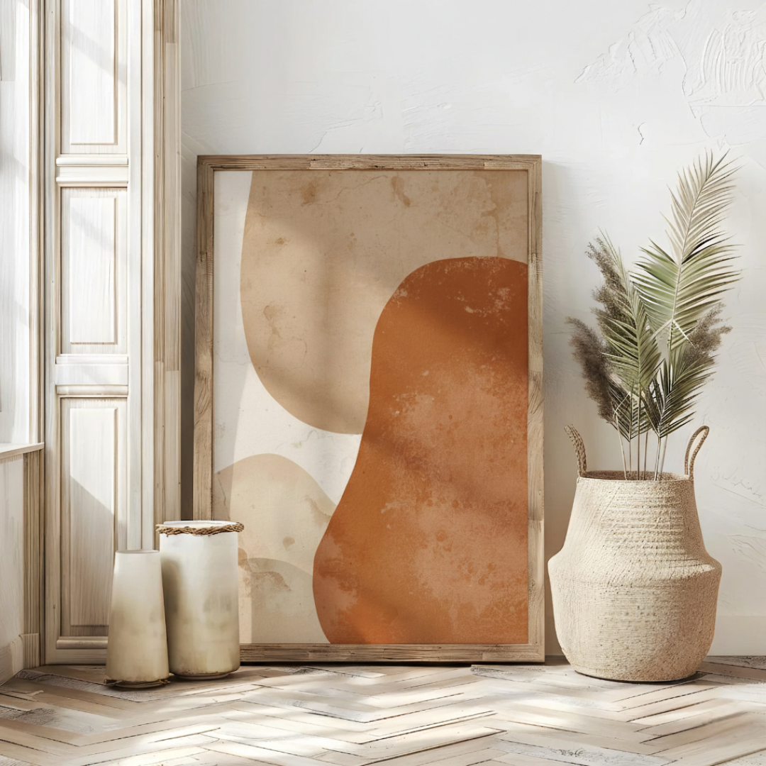 Abstract art piece in a wooden frame on a wall with decorative vases and plants.