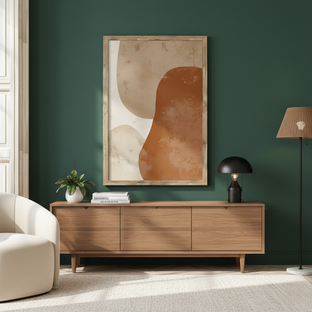 Modern living room with a wooden sideboard, abstract art, and a lamp against a green wall.