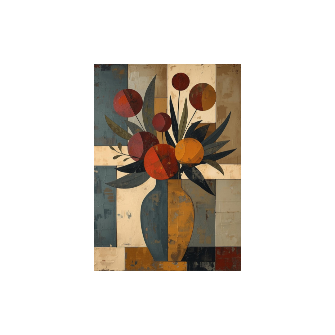 Abstract digital art of a vase with flowers on a geometric patterned background