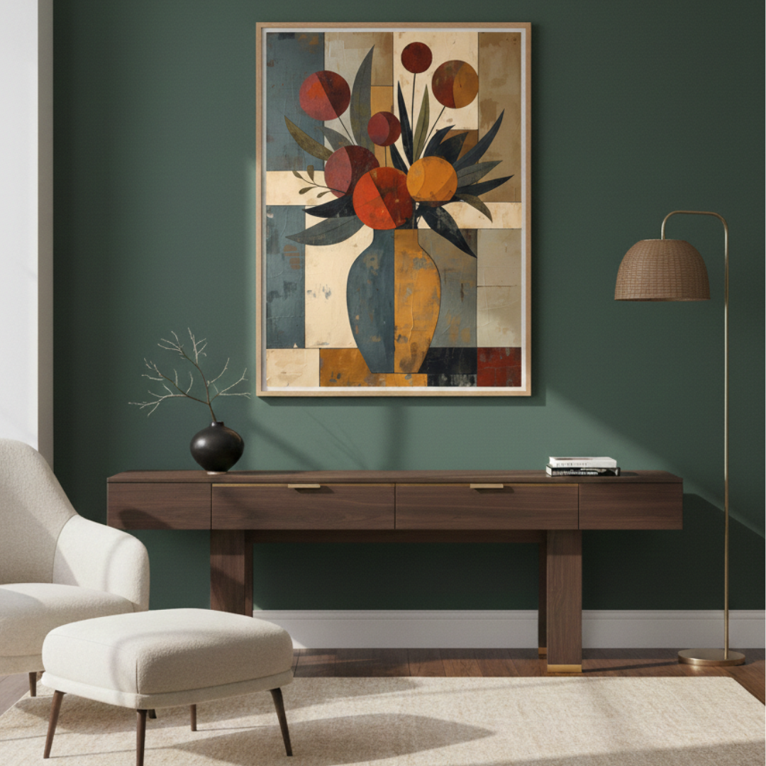 Decorative interior with a wooden console table, floral abstract wall art, and armchair against a green wall.