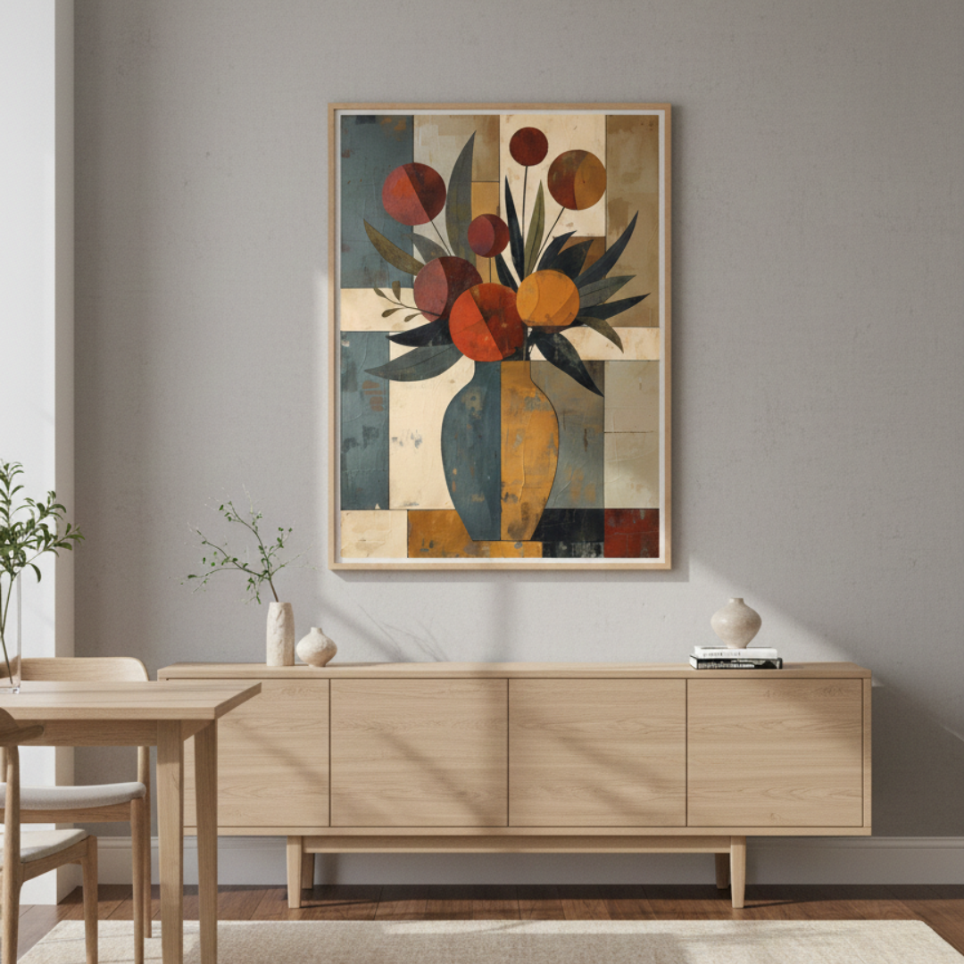 Modern interior with a wooden sideboard, table, chairs, and abstract floral wall art on the wall.