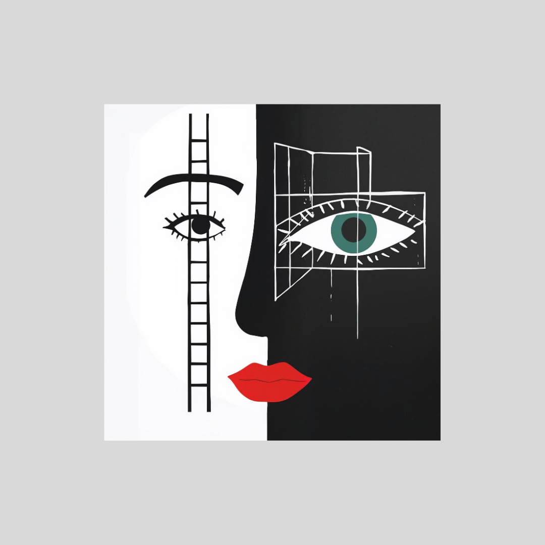 Surrealistic face illustration with a ladder and eye design on a gray background