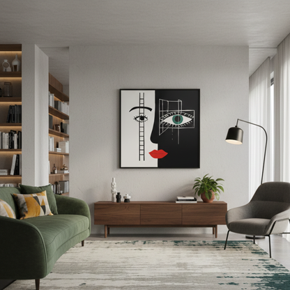 Modern living room with a stylish wall art piece, green sofa, and wooden cabinet.