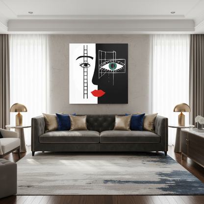 Modern living room with a gray sofa, abstract wall art, and decorative elements.