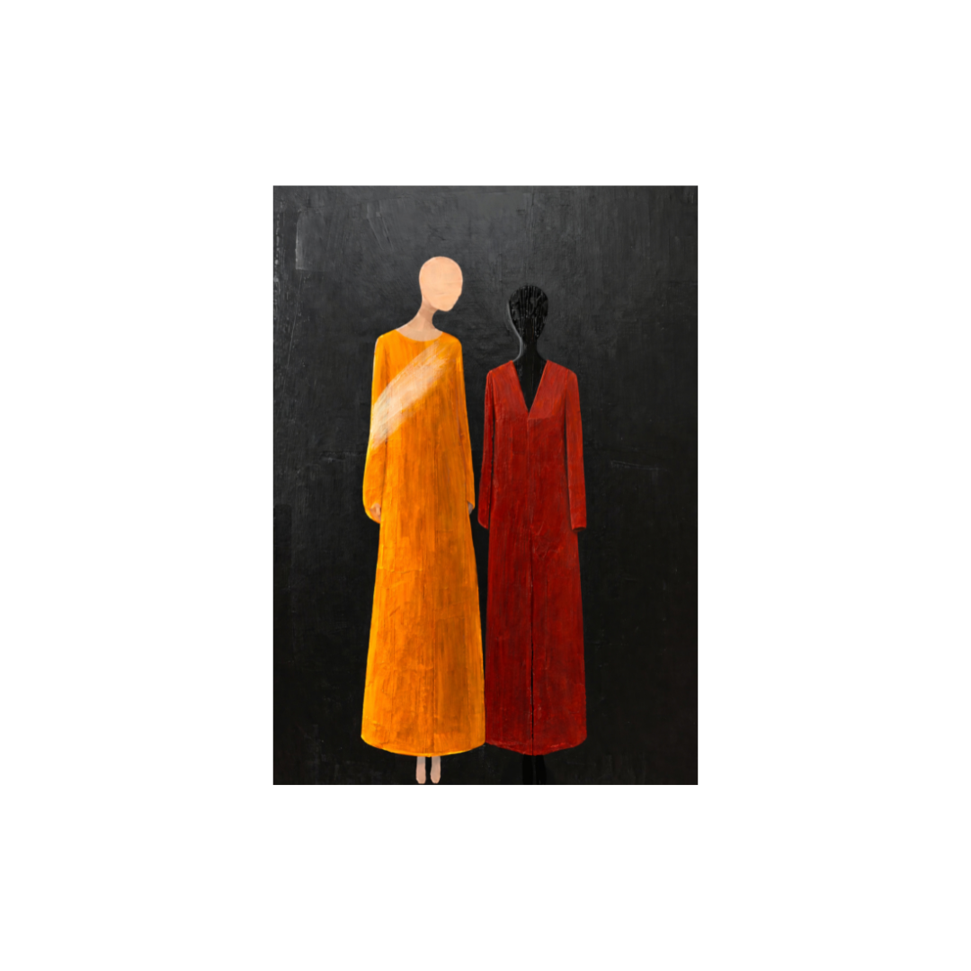 Two abstract mannequins wearing orange and red dresses against a black background