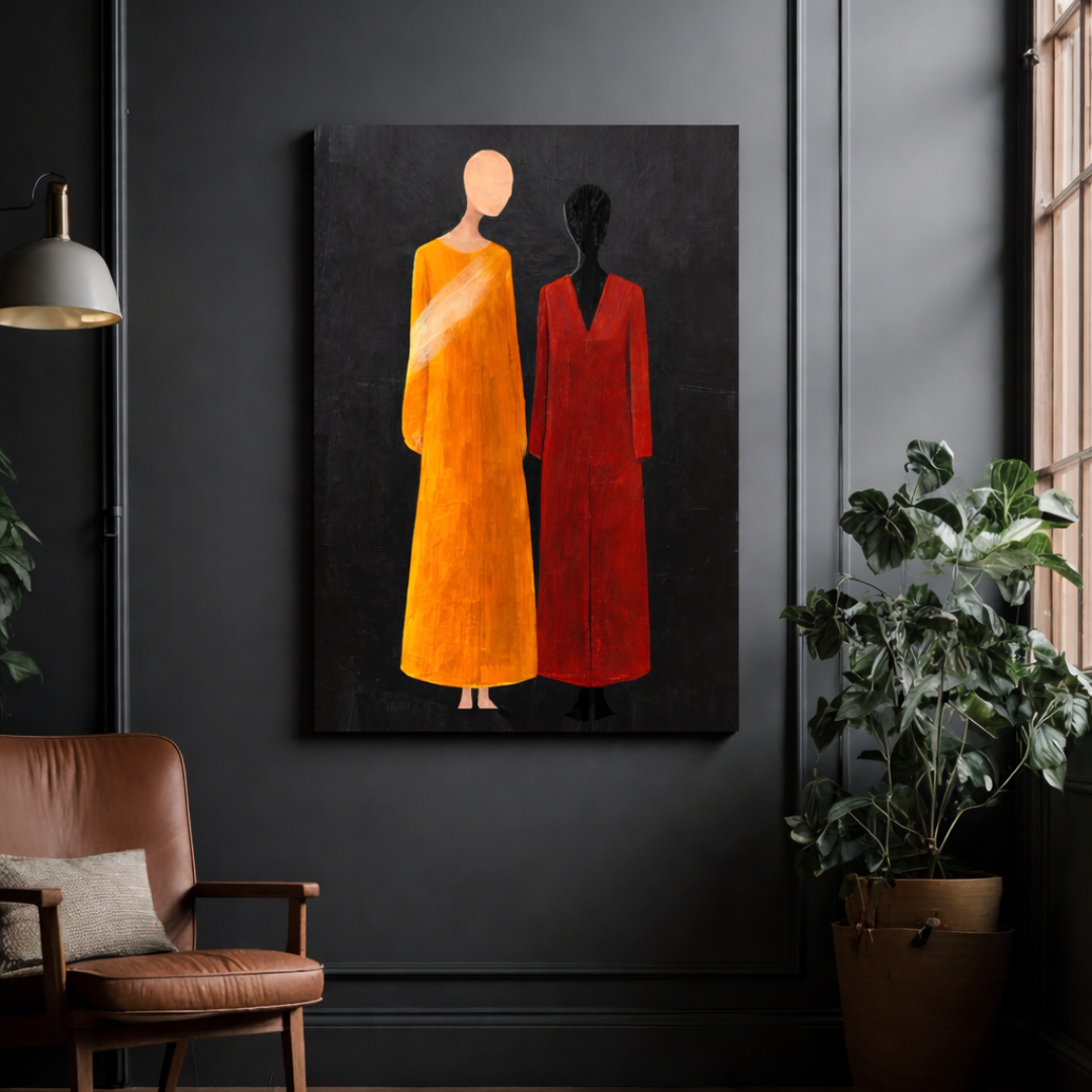 Abstract painting of two figures in orange and red on a dark wall, with a brown chair and plants in the foreground.