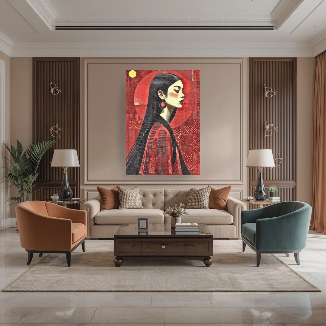 Stillness — A contemporary figurative art blending bold red tones with minimalism. Wall art canvas/ frame
