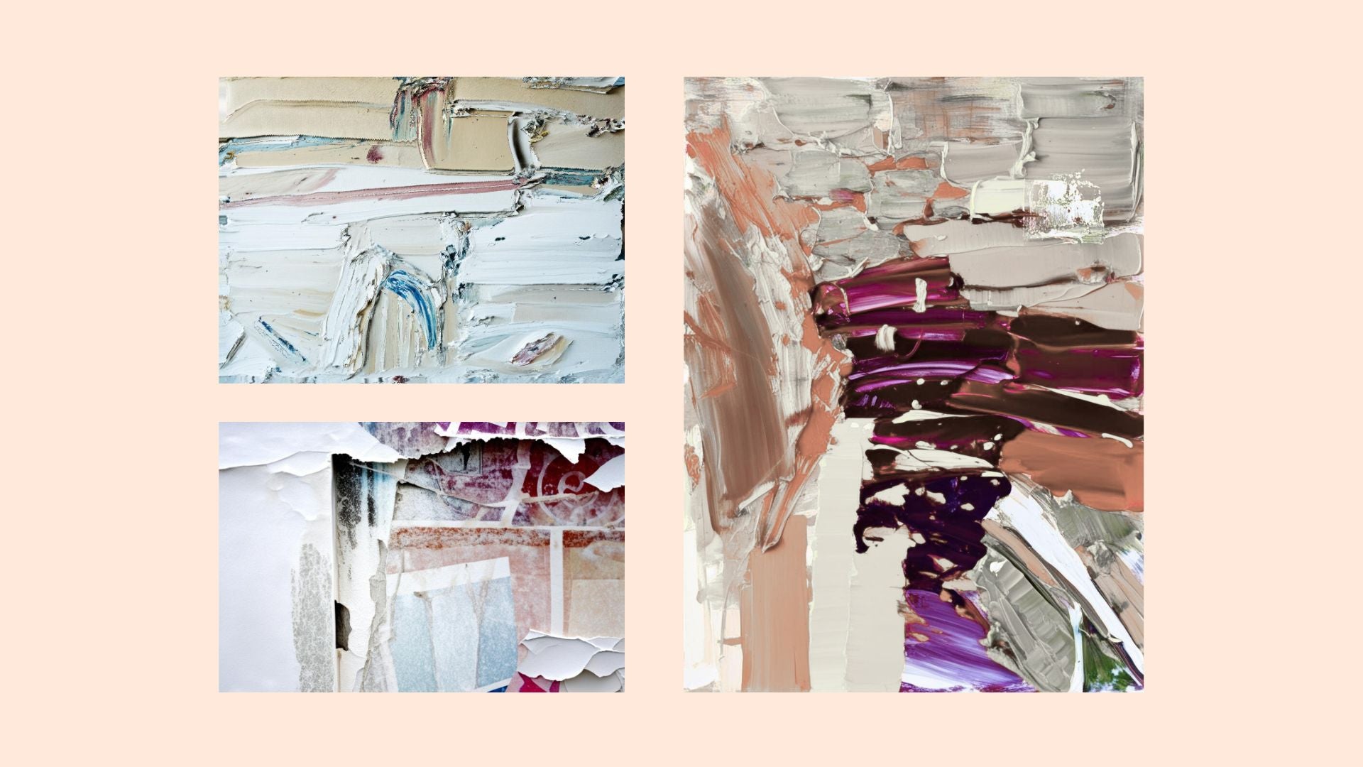 Textured Effect Abstract Impasto Wall Art Set (3 canvases: white, pale blue, magenta/brown). By  wall and more