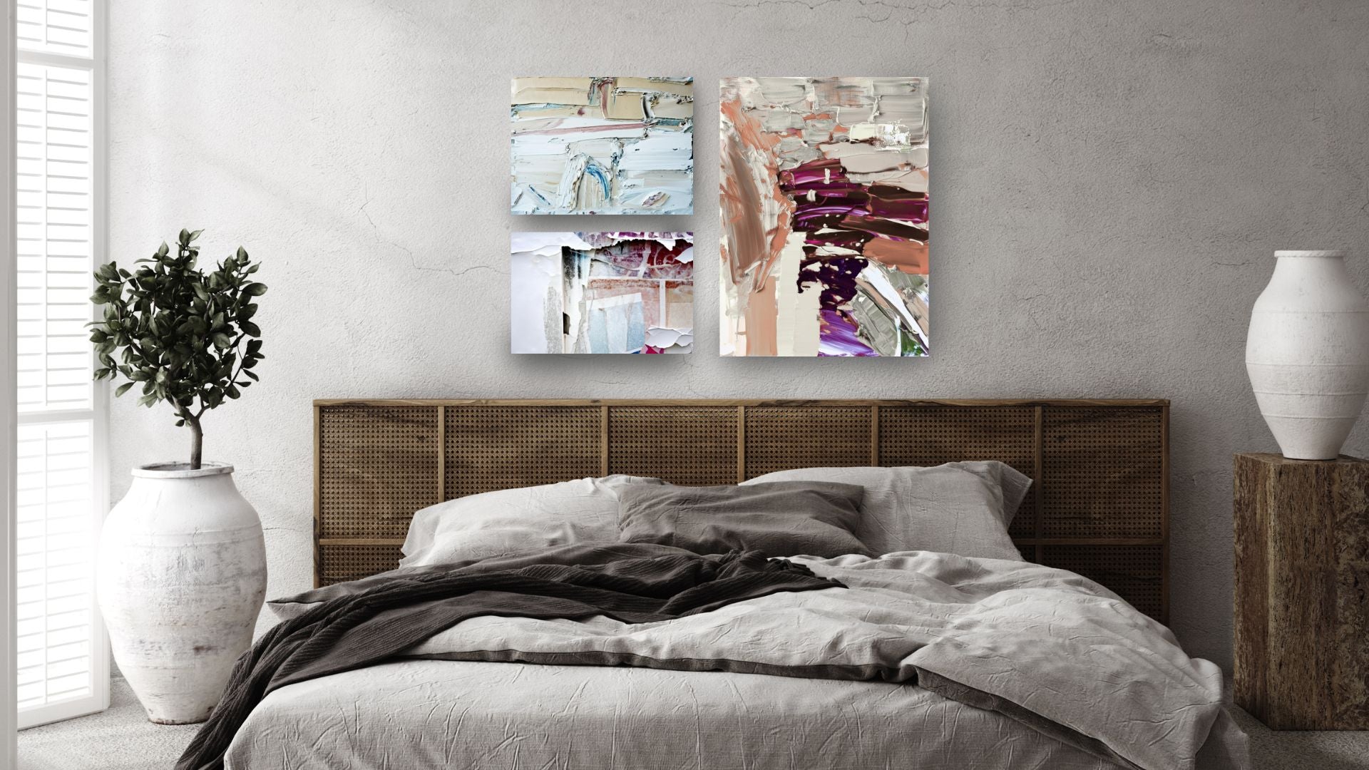 Textured Effect Abstract Impasto Wall Art Set (3 canvases: white, pale blue, magenta/brown) hung over a cane headboard in a modern, light-filled bedroom decor space. By  wall and more