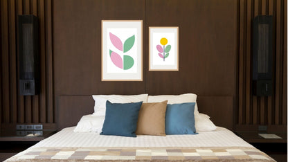 Minimalist Geometric Floral Wall Art Set (2 framed prints: pink, green, yellow) over a dark wood headboard. Perfect for Scandinavian bedroom decor trends, by wall and more
