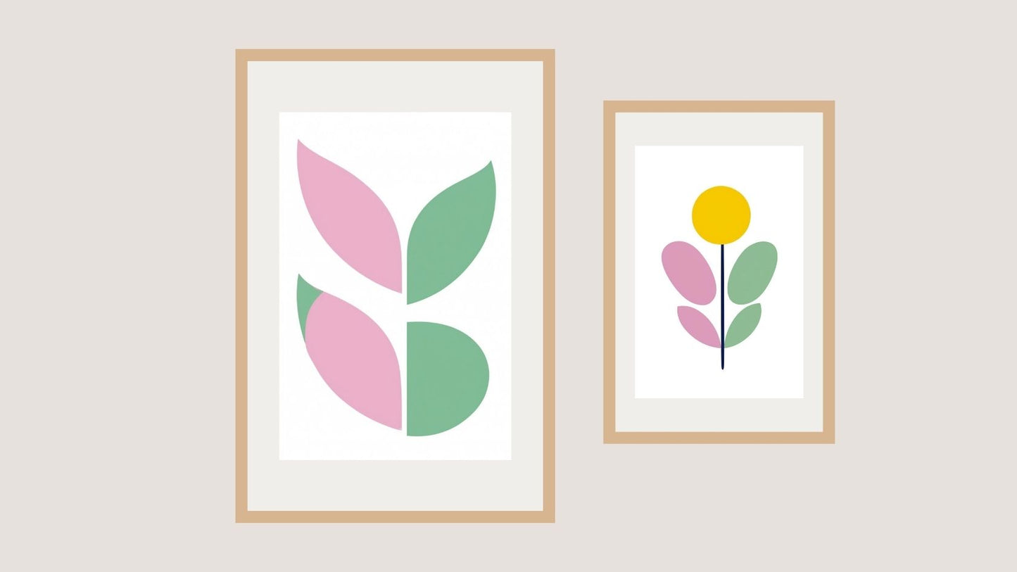 Minimalist Geometric Floral Wall Art Set (2 framed prints) in pastel pink, green, yellow. Perfect for Scandinavian bedroom decor styles.), wall frame by wall and more