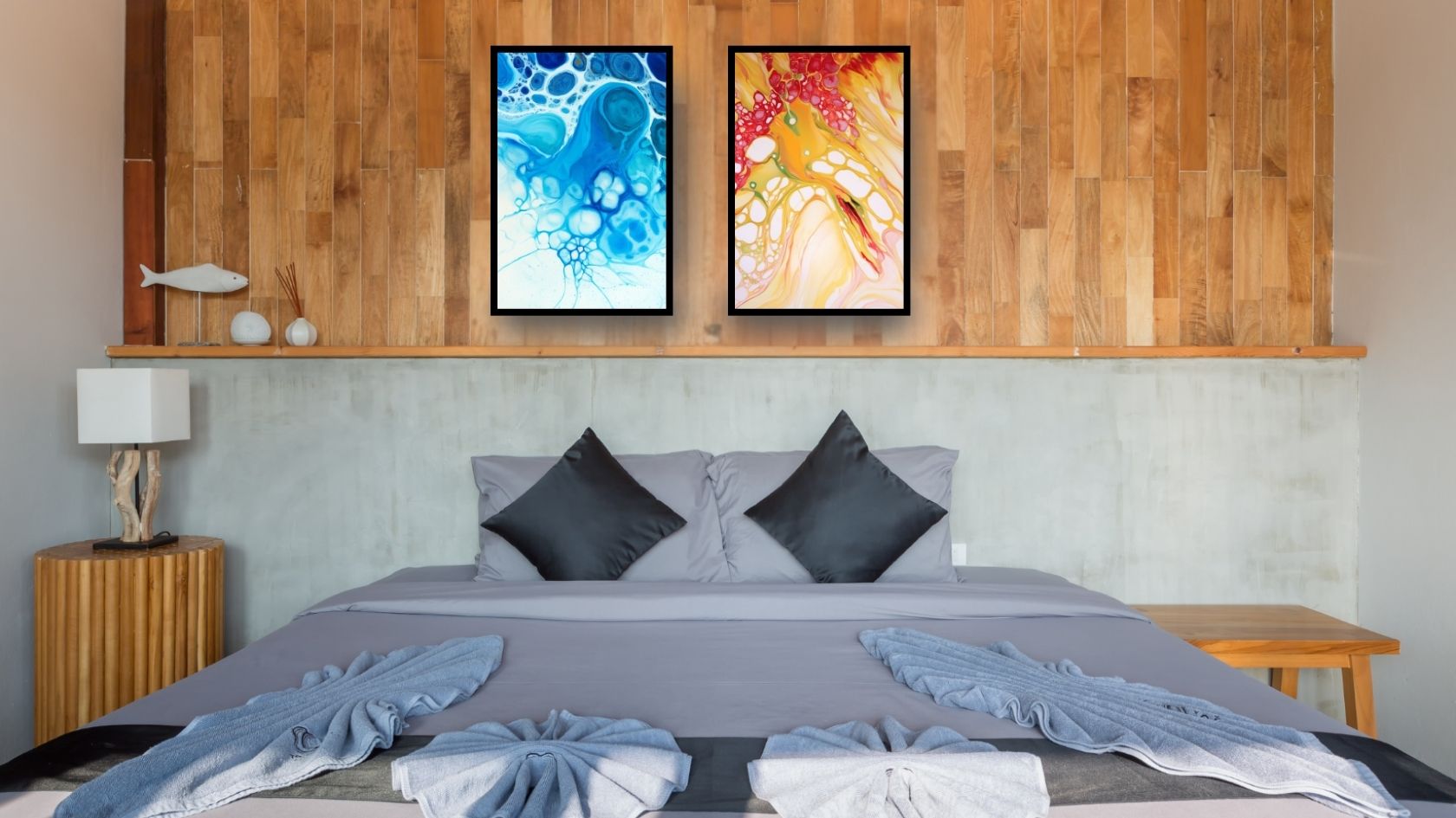 Abstract Fluid Art Diptych Wall Art Set (2 framed prints): contrasting blue and vibrant orange/red Pour Painting. Ideal for Modern Bedroom Decor or Coastal interiors.